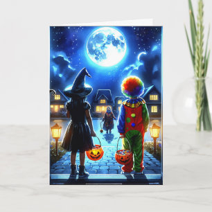 Witch och Clown tittar på en Monster Halloween Kort