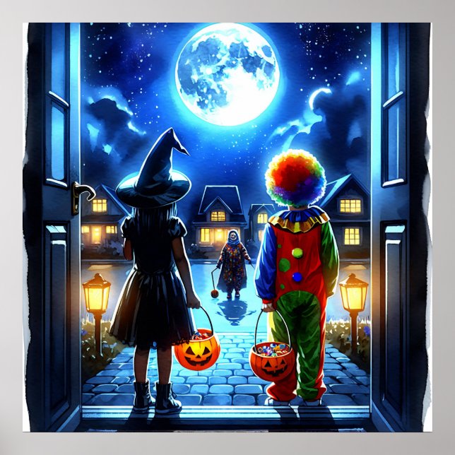 Witch och Clown tittar på en Monster Halloween Poster (Framsidan)