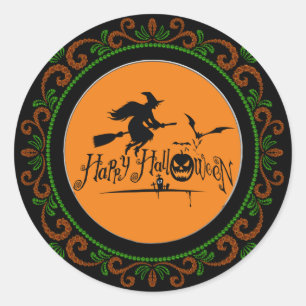 Witch och Fladdermöss i orange Grönt Happy hallowe Runt Klistermärke