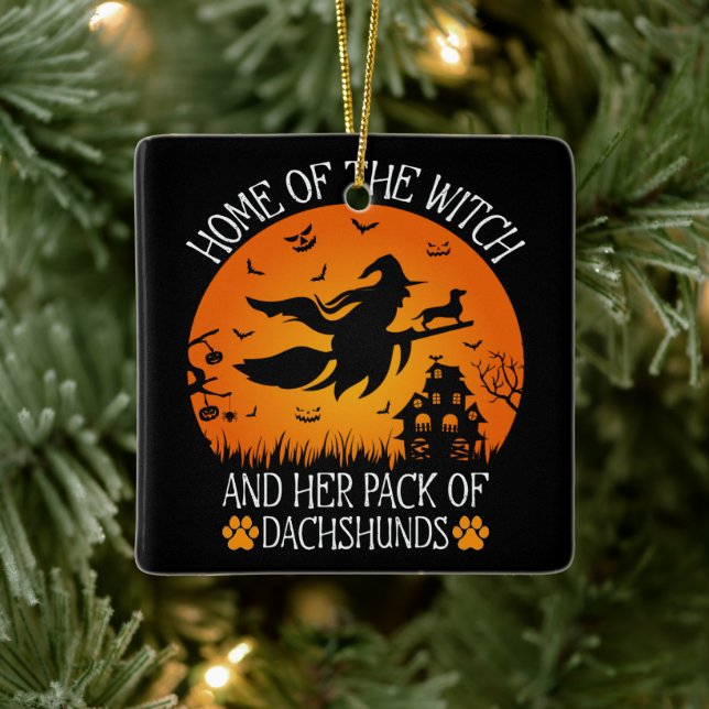 Witch och hennes paket med Dachshunds-Coola Julgransprydnad Keramik (Träd)