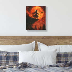 Witch och Moonlight Cliff Spooky Halloween Canvastryck