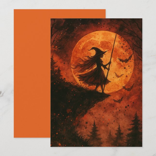 Witch och Moonlight Cliff | Spooky Halloween Kort (Fram/baksida)