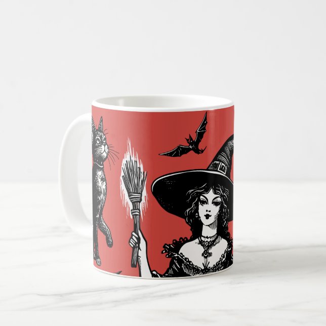 Witch och Svarta katter Witchy Illustration Kaffemugg (Framsida vänster)