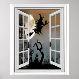 Witch on Broomstick Window View Halloween Poster