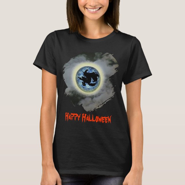 Witch On Full Moon Funny Halloween  T Shirt (Framsida)