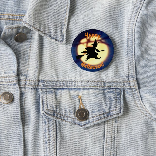 Witch over Måne Halloween Button Knapp (In Situ)