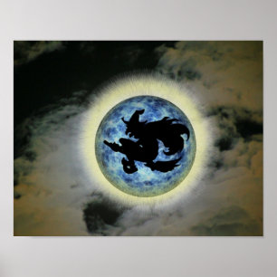 Witch på Broom Blue Full Moon Halloween Poster