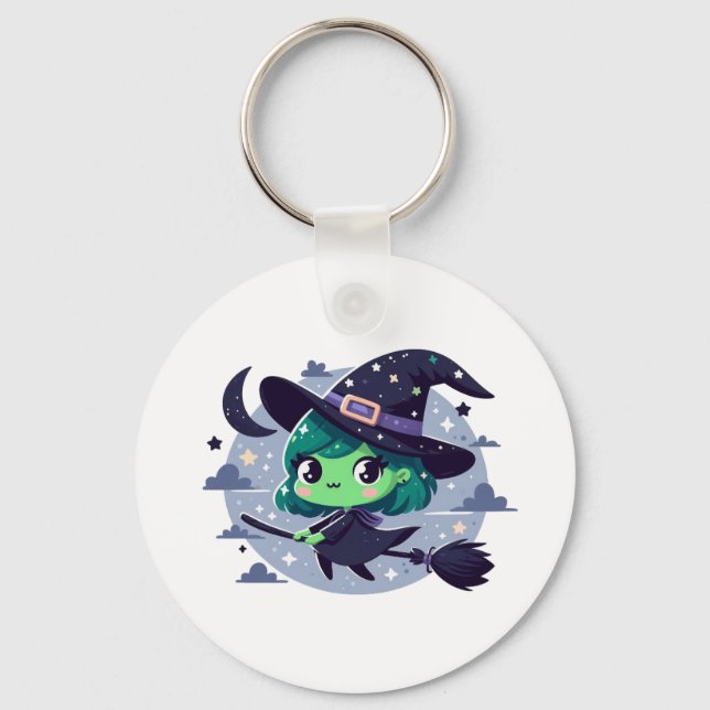 Witch på Broom Halloween Cute Tecknad Fladdermus Nyckelring (Framsida)