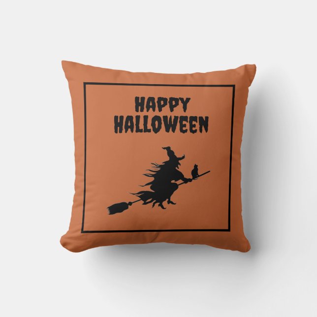 Witch på Broom med Cat Halloween Kudde (Framsida)