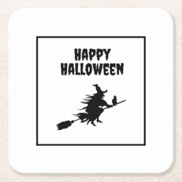 Witch på Broom med Cat Halloween Underlägg Papper Kvadrat