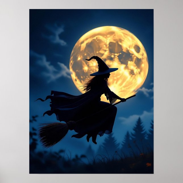Witch på Broom med Full Moon Halloween Poster (Framsidan)