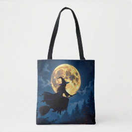 Witch på Broom med Full Moon Halloween Tygkasse