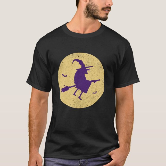 Witch på Broomstick Full Moon Fladdermus Halloween T Shirt (Framsida)