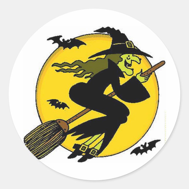 Witch på Broomstick Runt Klistermärke (Framsida)
