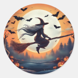 Witch på en Broomstick i Moonlight med Fladdermus Runt Klistermärke