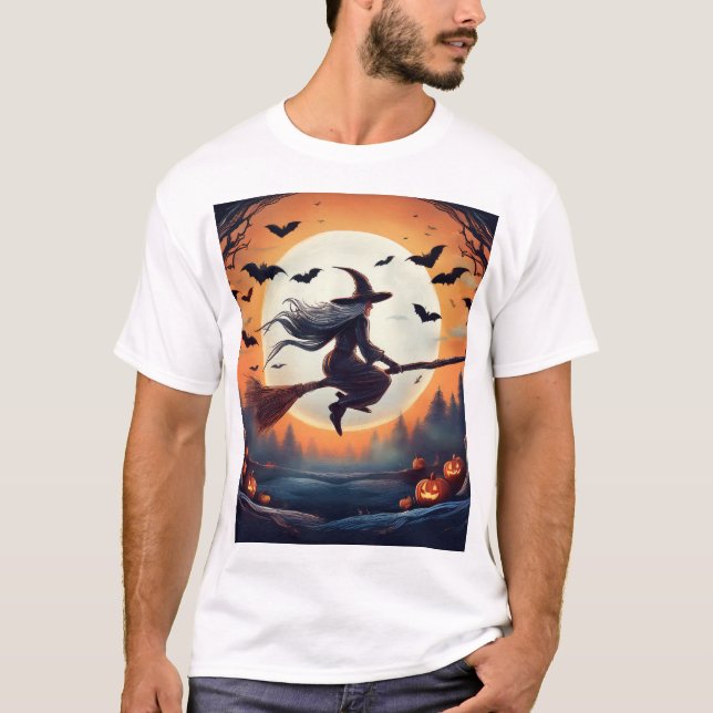 Witch på en Broomstick i Moonlight med Fladdermus T Shirt (Framsida)