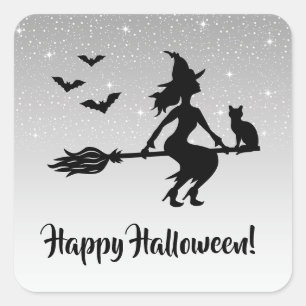 Witch på ett rum Silver Grått och Black Halloween Fyrkantigt Klistermärke