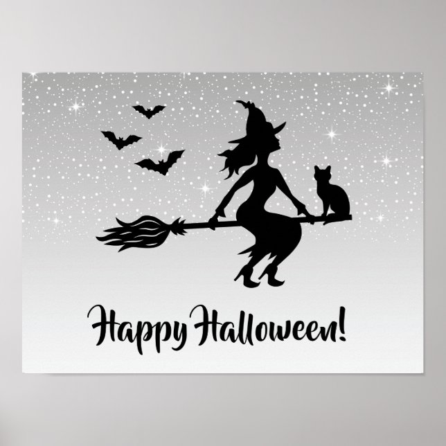Witch på ett rum Silver Grått och Black Halloween Poster (Framsidan)