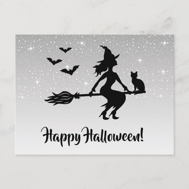 Witch på ett rum Silver Grått och Black Halloween Vykort (Framsida)