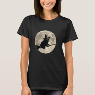 Witch Pug Flying Broom Full Moon Halloween Night T Shirt