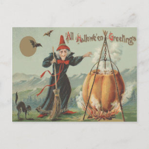 Witch Pumpkin Cauldron Black Cat Spell Vykort