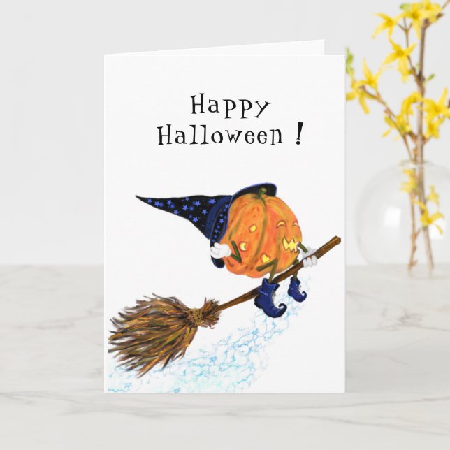 Witch Pumpkin Flies Funny Halloween Card Kort (Gul blomma)