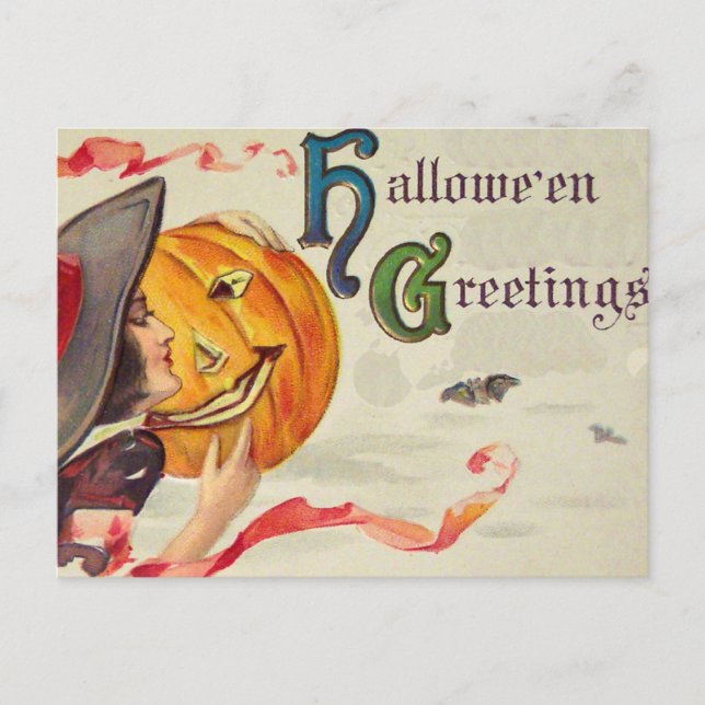 Witch & Pumpkin (Vintage Halloween Card) Vykort (Framsida)