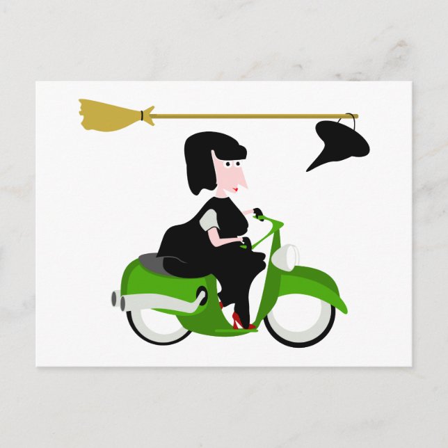 Witch Riding A Grönt Moped Vykort (Framsida)
