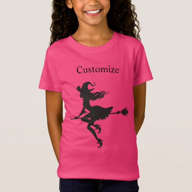 Witch Riding Broom Halloween T Shirt (Framsida)