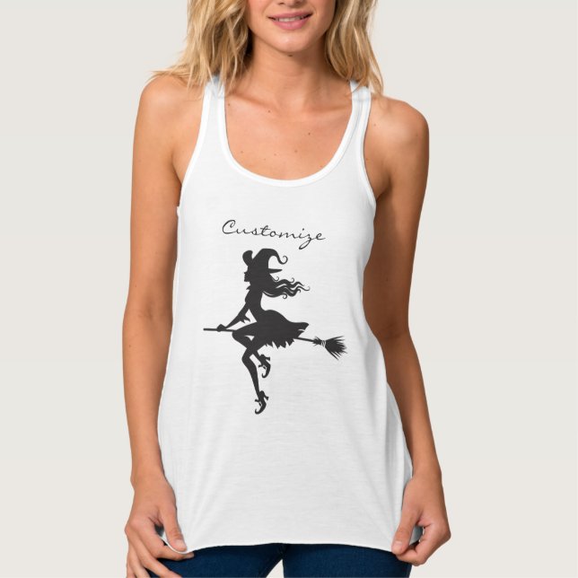 Witch Riding Broom Halloween Thunder_Cove Linne Med Racerback (Framsida)
