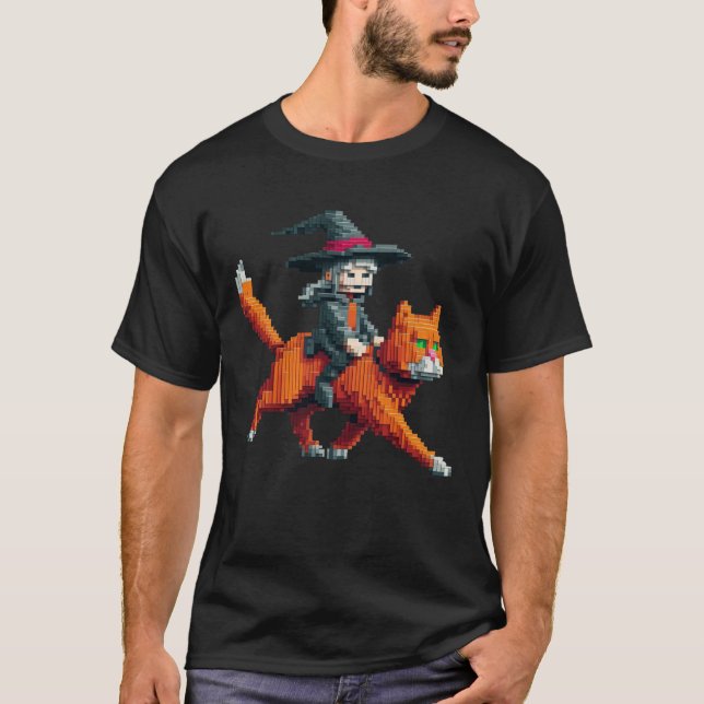 Witch Riding Cat Pixelated Gaming Art Design Block T Shirt (Framsida)