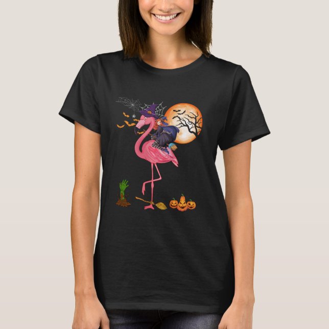 Witch Riding Flamingo Funny Halloween Horror Carve T Shirt (Framsida)