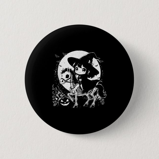 Witch Riding Horse Skeleton Cute Spooky Halloween Knapp (Framsida)
