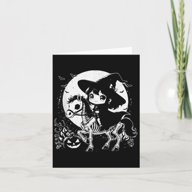 Witch Riding Horse Skeleton Cute Spooky Halloween Kort (Framsida)