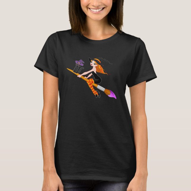Witch Riding Paint Funny Witch Paint Pumpkin Hallo T Shirt (Framsida)