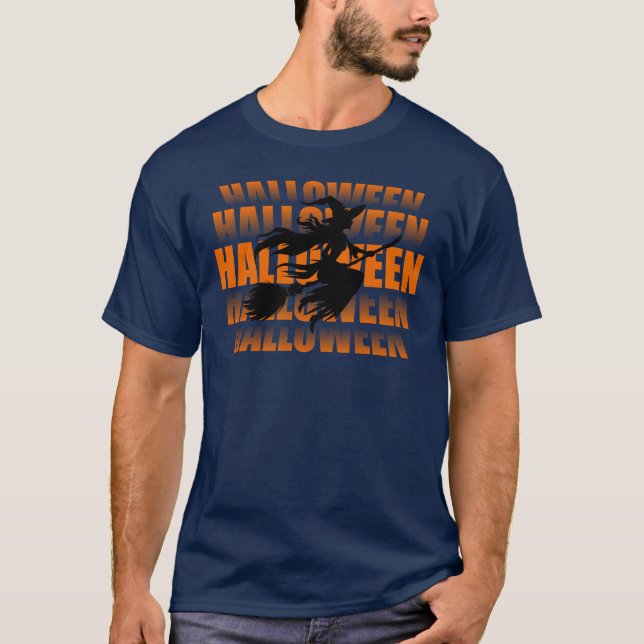 Witch Riding through Halloween T Shirt (Framsida)
