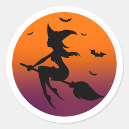 Witch silhouette i orange måne runt klistermärke