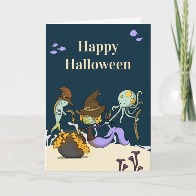 Witch sjöjungfru skapar potioner Halloween Kort (Framsida)