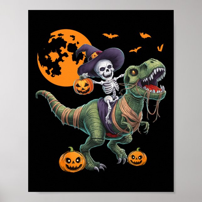 Witch Skeleton Riding Dinosaur T Rex Halloween Fun Poster (Framsidan)