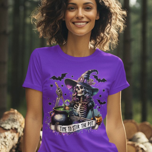 Witch Skeleton Stirring Cauldron Halloween T Shirt (Order in time for Halloween!)
