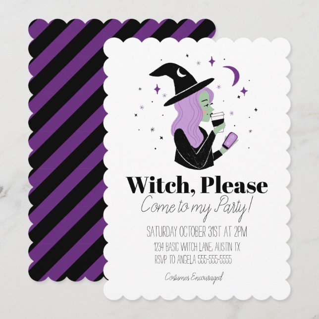 Witch, snälla kom till min party inbjudningar (Fram/baksida)