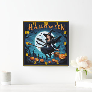 Witch soar på Halloween-natten Fyrkantig Klocka