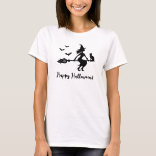 Witch som flyger på ett rum Happy halloween T Shirt