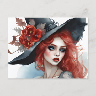 Witch Söt Girl Red Flower Magic Vykort