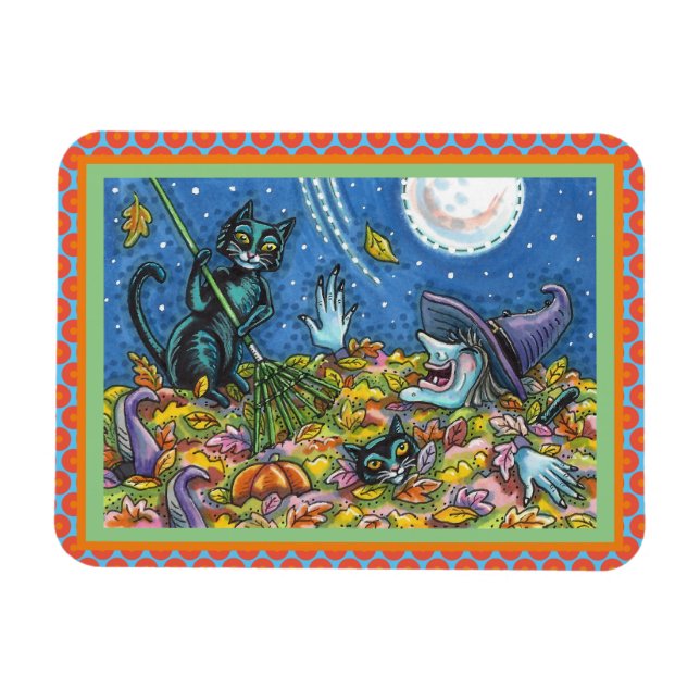 WITCH & SVARTA KATTER RAKING LÖV, FUNNY HALLOWEEN MAGNET (Horisontell)