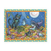 WITCH & SVARTA KATTER RAKING LÖV, FUNNY HALLOWEEN