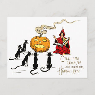 Witch Teaching Black Cat Jack O'Lantern Vykort