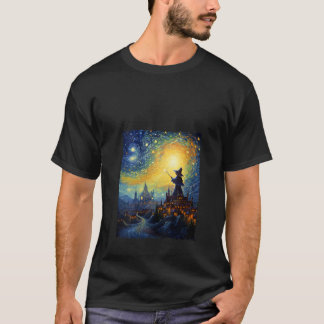 Witch Teckning Night Halloween Starry Night Van Go T Shirt