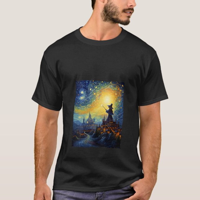 Witch Teckning Night Halloween Starry Night Van Go T Shirt (Framsida)