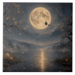 Witch Under Full Moon Gothic Halloween Lake Kakelplatta